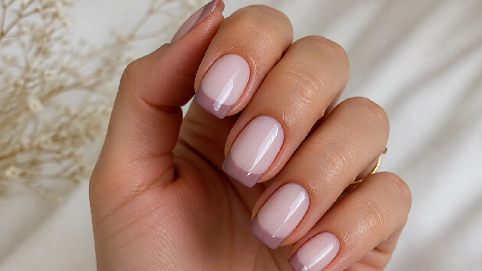 Squoval nails with a milky base and soft mauve French tips