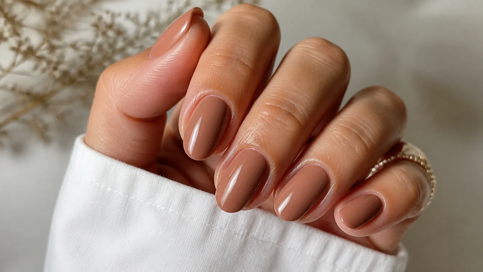 Short almond nails in a warm caramel nude with a soft glossy finish