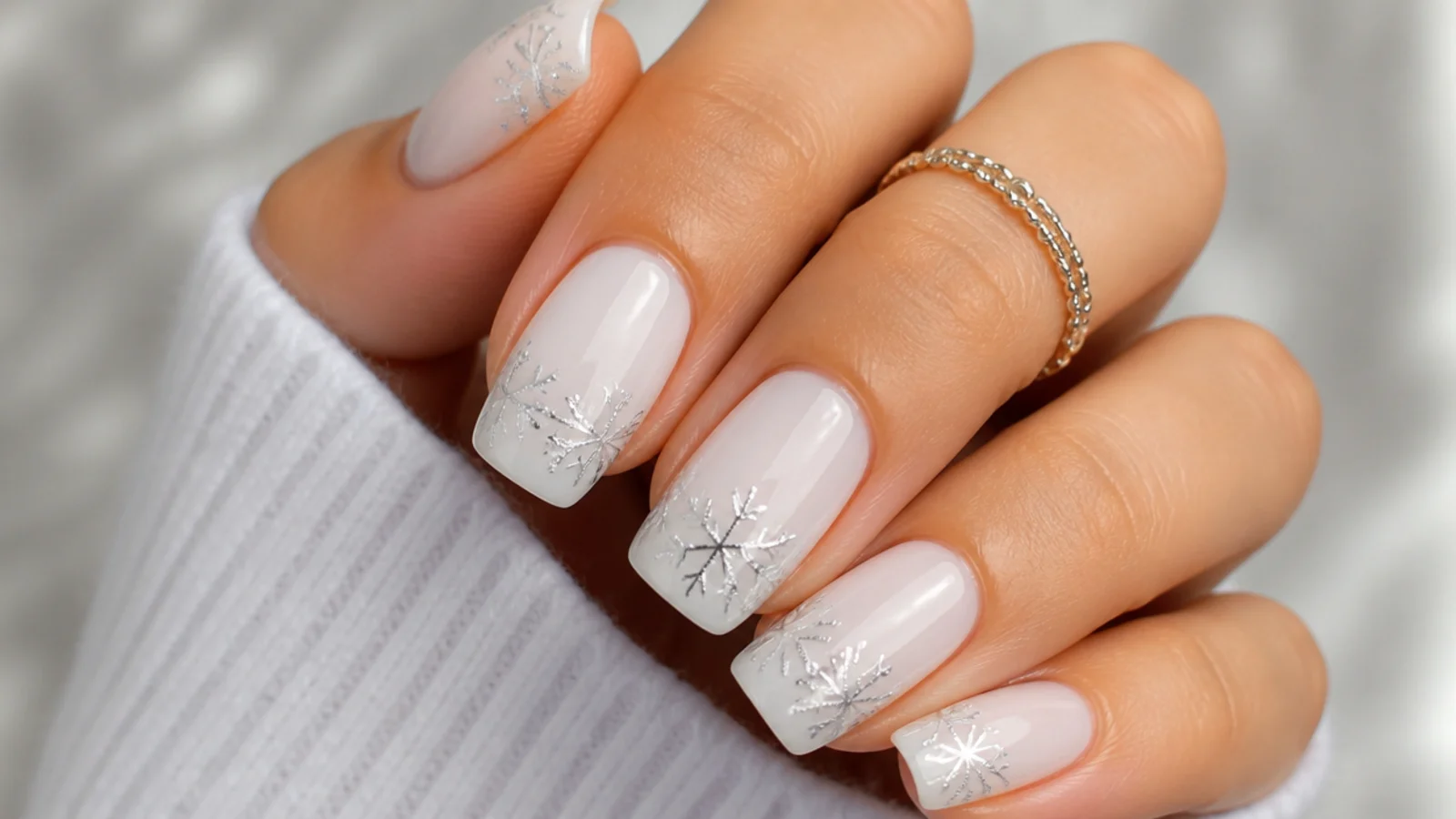 Squoval nails in sheer white with hand-painted silver snowflakes on the tips