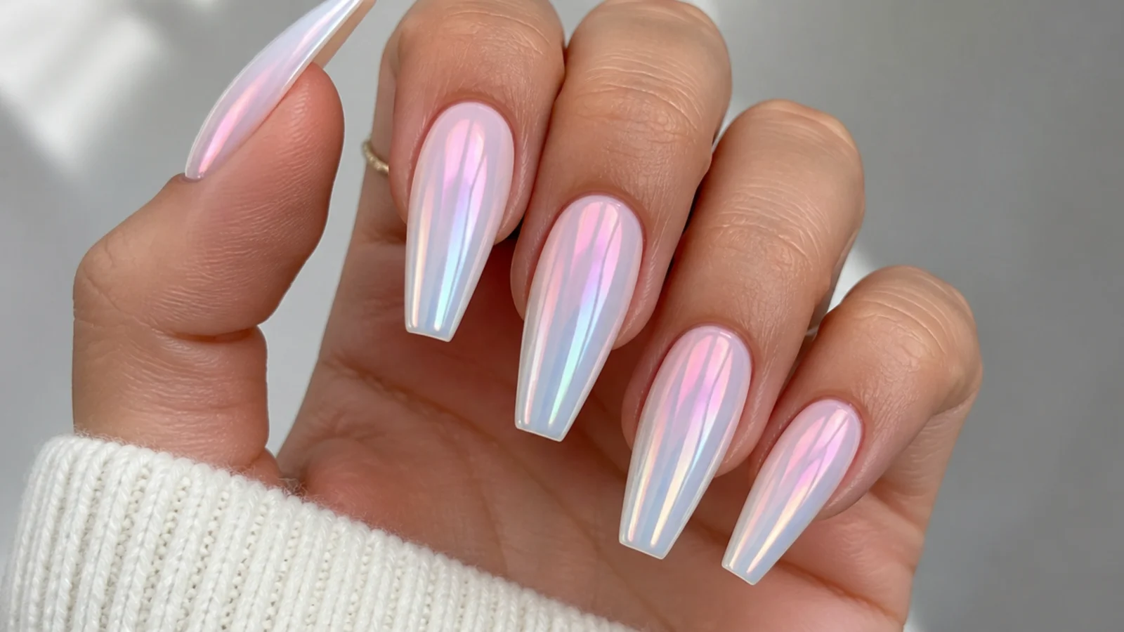 Coffin nails in a milky base with color-shifting aurora chrome that flashes blue, pink and silver