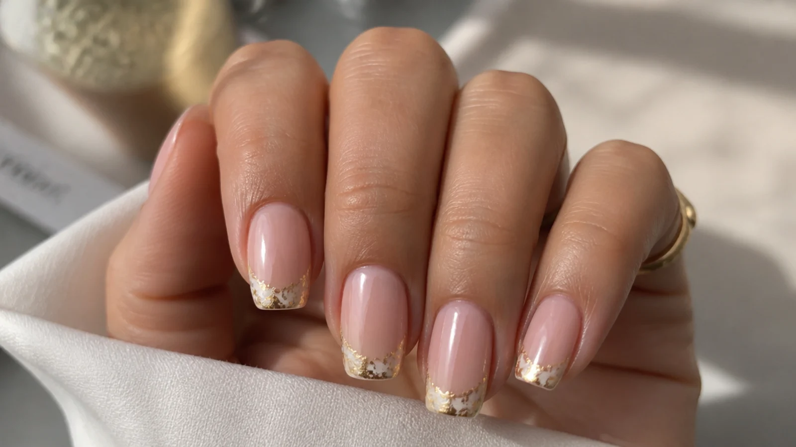 Squoval nails with a sheer base and gold foil French tips