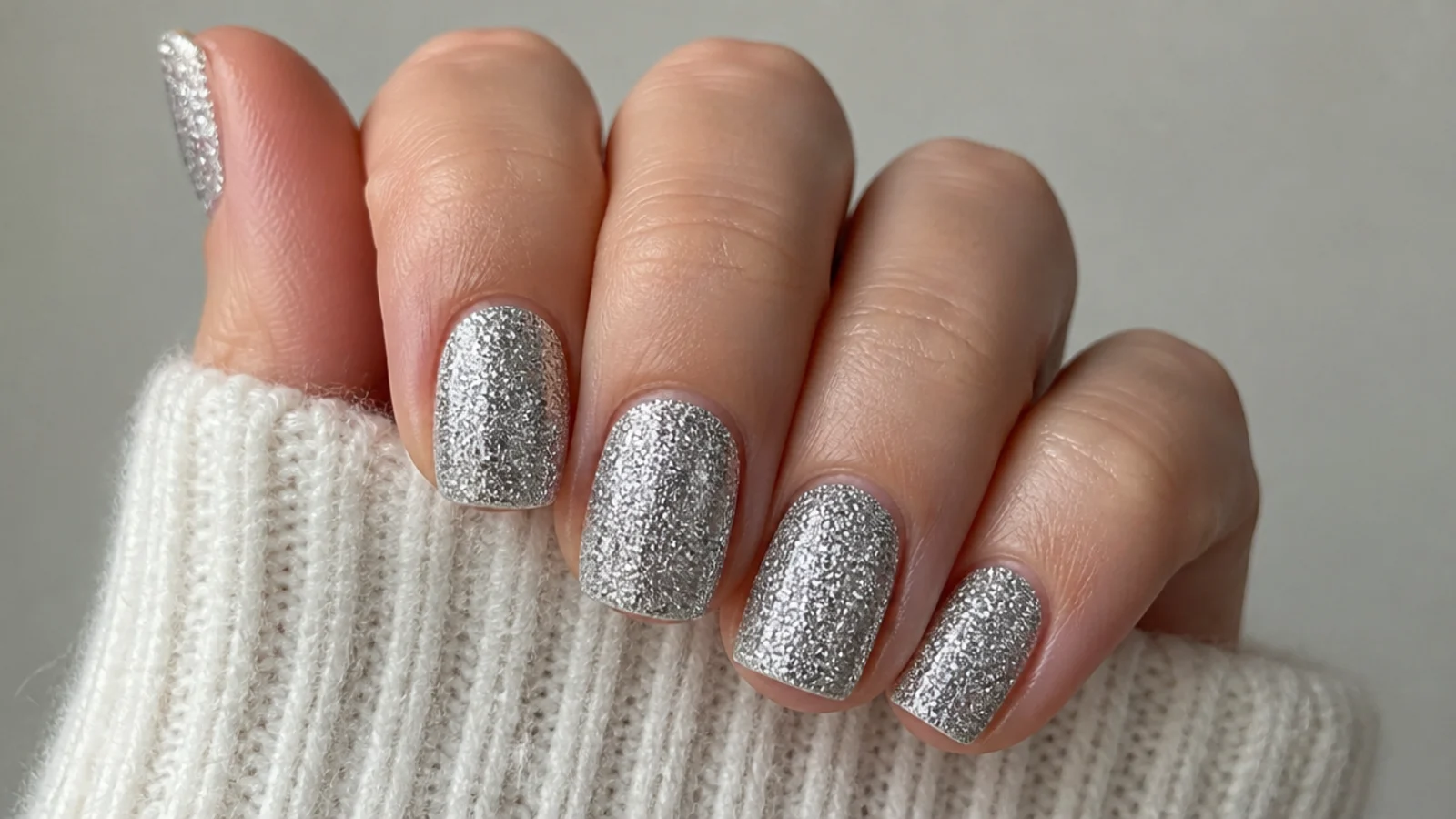 Short squoval nails in dense silver glitter with a mirror-like sparkle