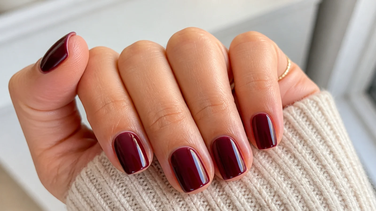 Very short squoval nails in glossy deep cranberry