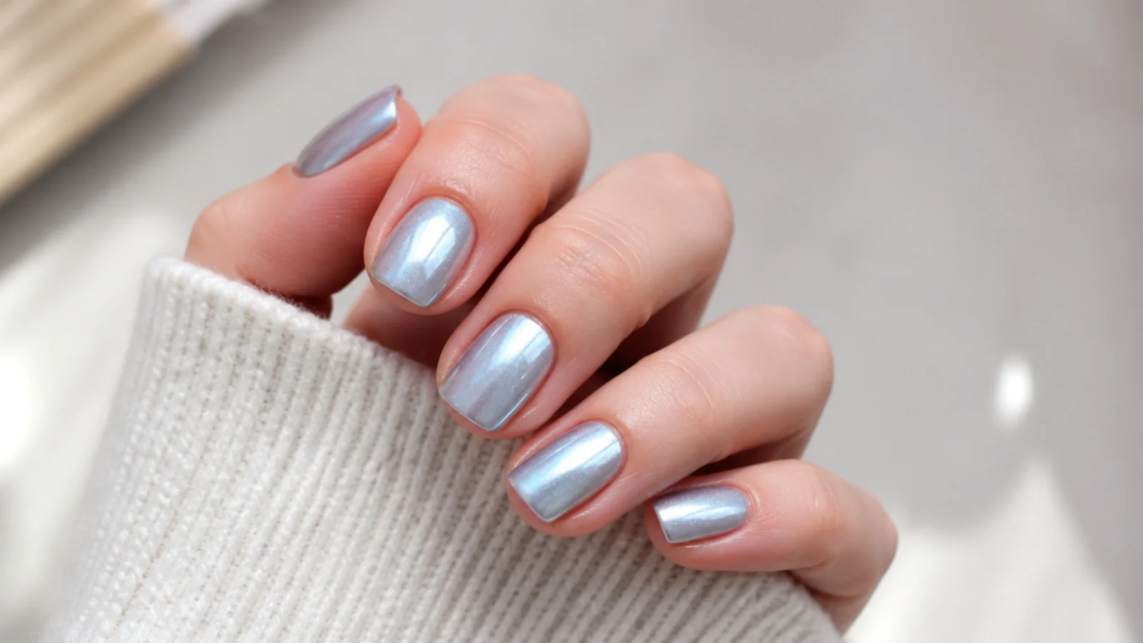 Short square nails in pale blue with a silver icy chrome finish