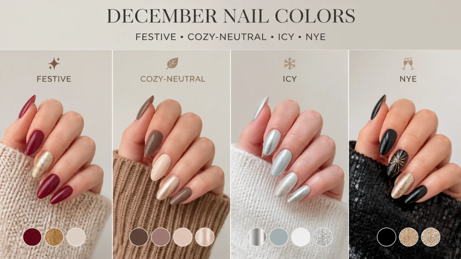 Swatches of December nail colors grouped by festive, cozy-neutral, icy and NYE moods