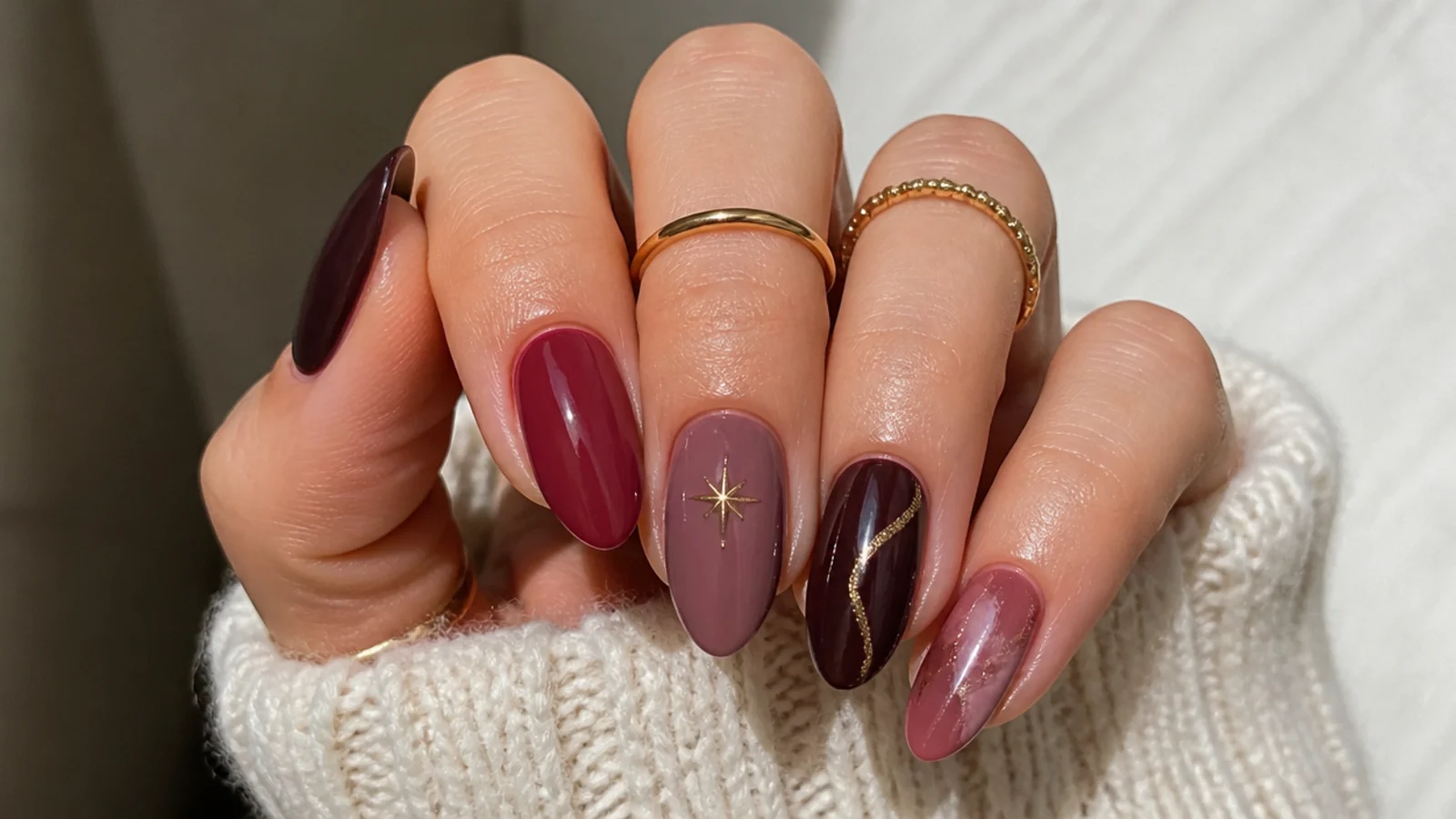 Nails in chocolate brown, mauve and cranberry cozy winter shades