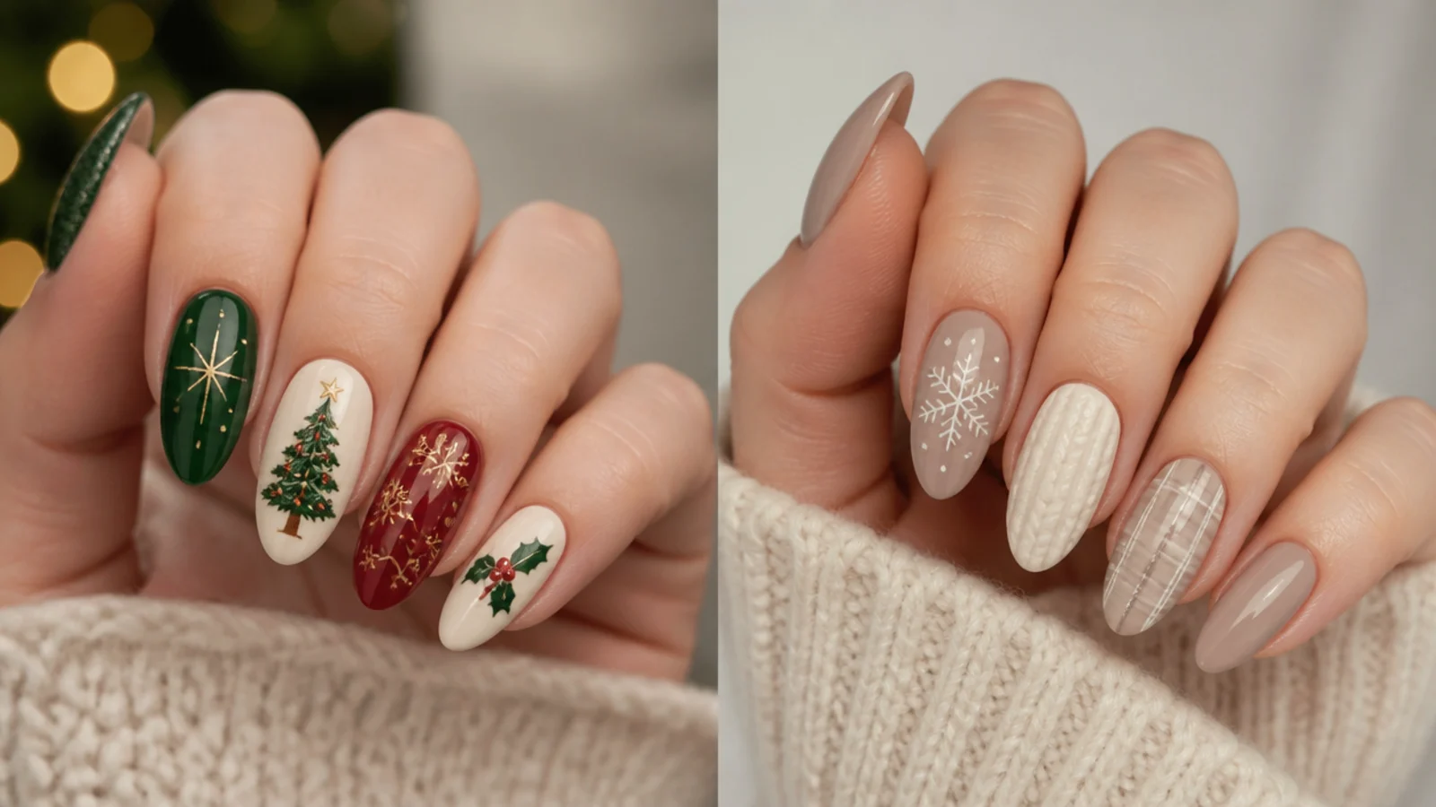 Split image of literal Christmas art nails beside cozy neutral December nails