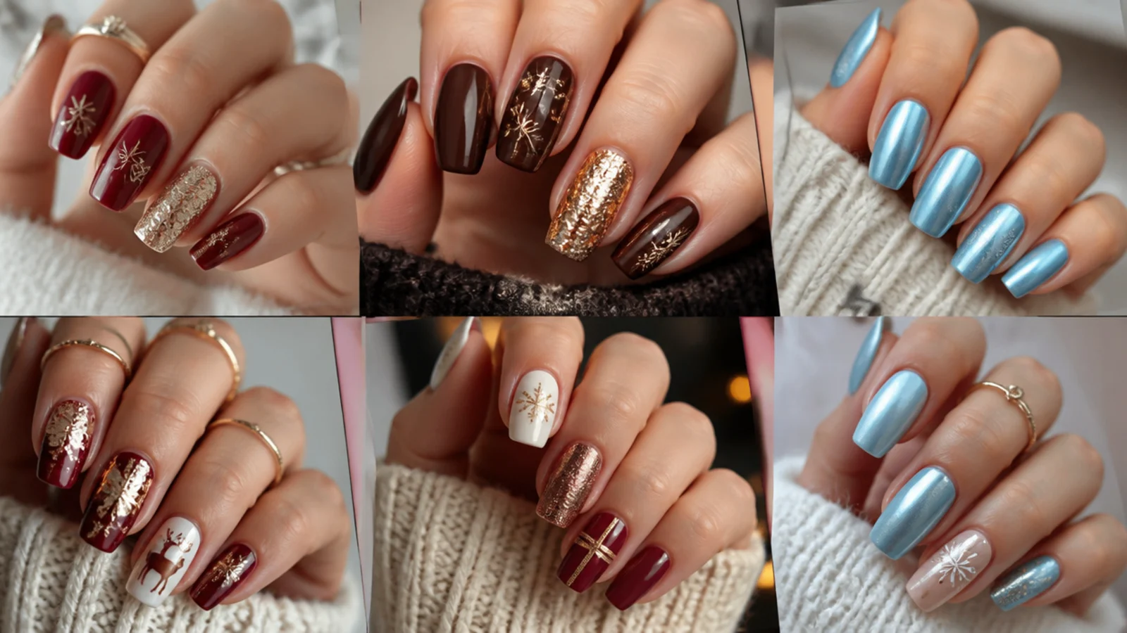 A collage of December nails in festive red, chocolate brown, icy blue chrome and gold glitter