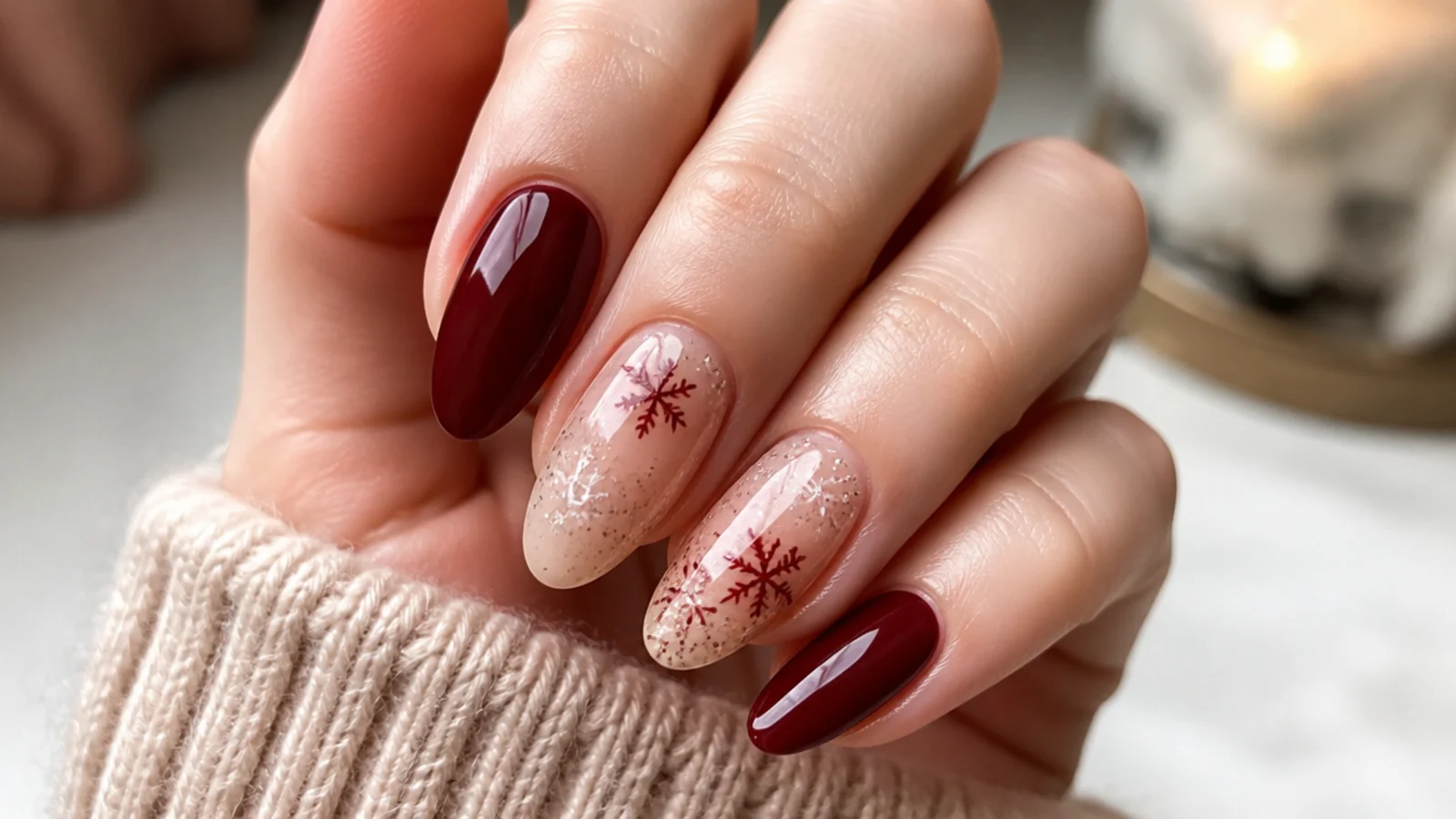 A glossy well-sealed December gel manicure with cuticle oil for longevity