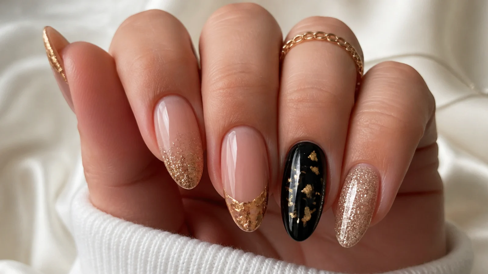 Nails in champagne glitter ombre, gold foil French and black with gold confetti