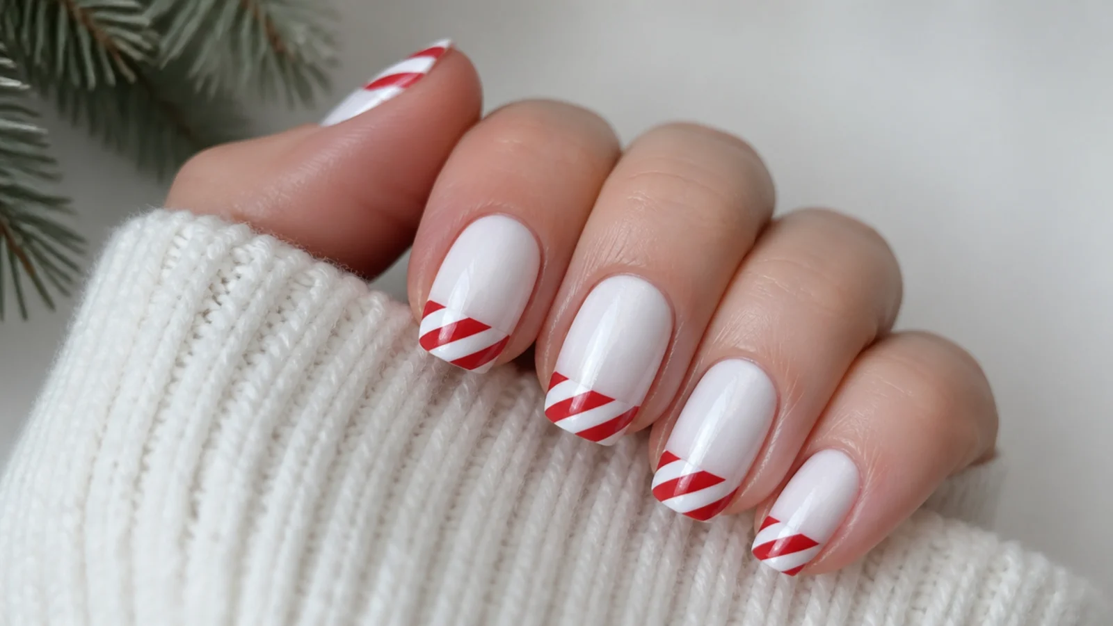White December nails with red and white diagonal candy cane stripe tips