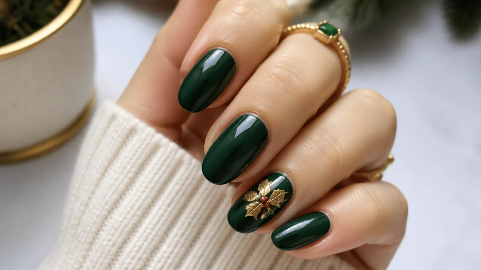 Forest green December nails with a gold holly leaf and red berry accent