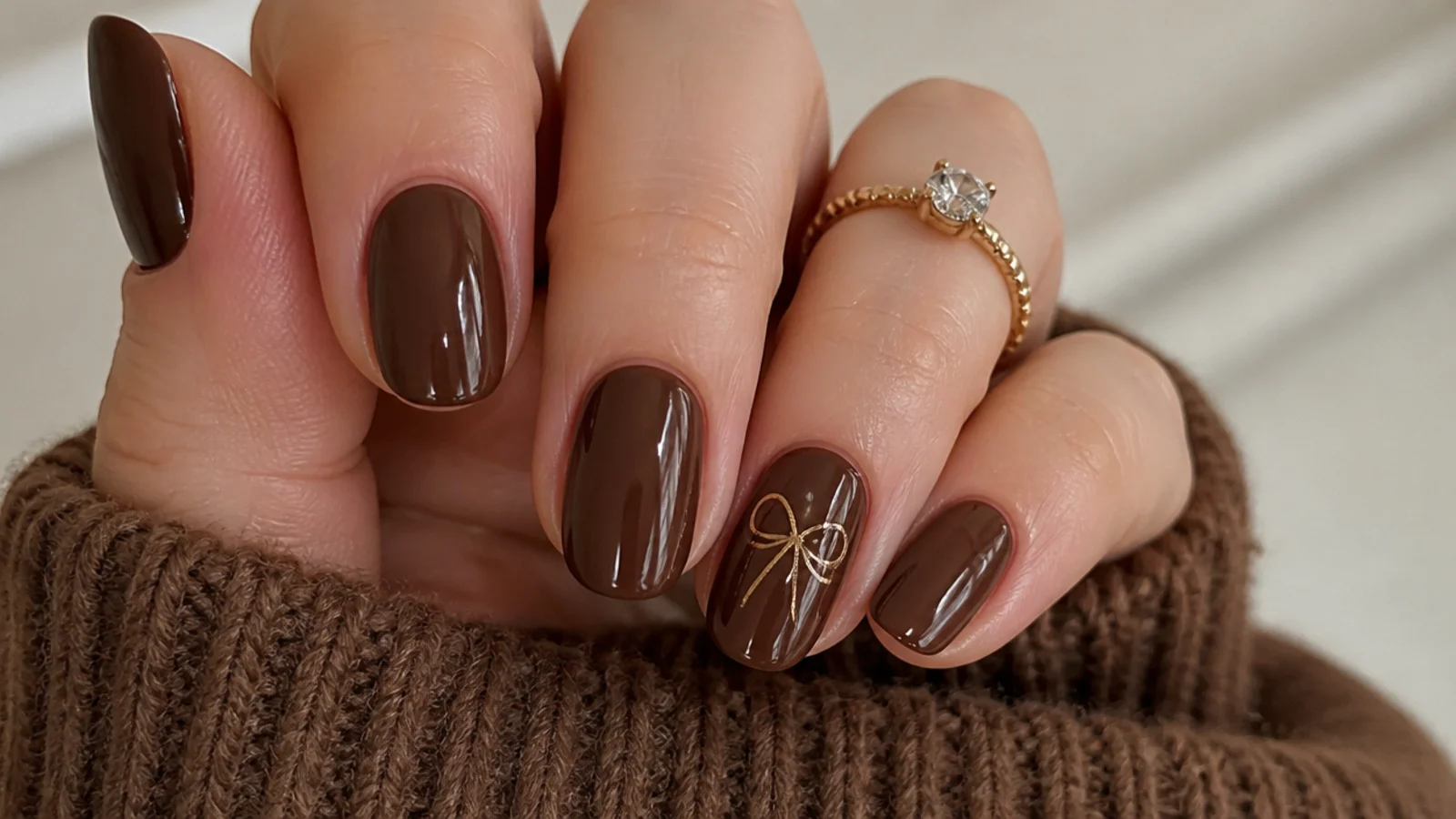 Warm glossy chocolate brown December nails on short almond shape