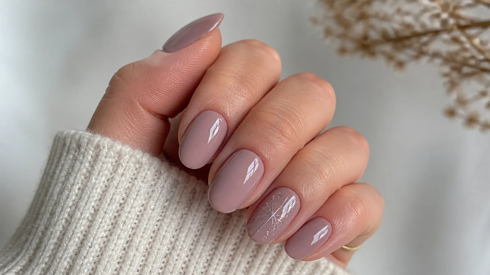Soft muted mauve milky December nails with a clean glossy finish