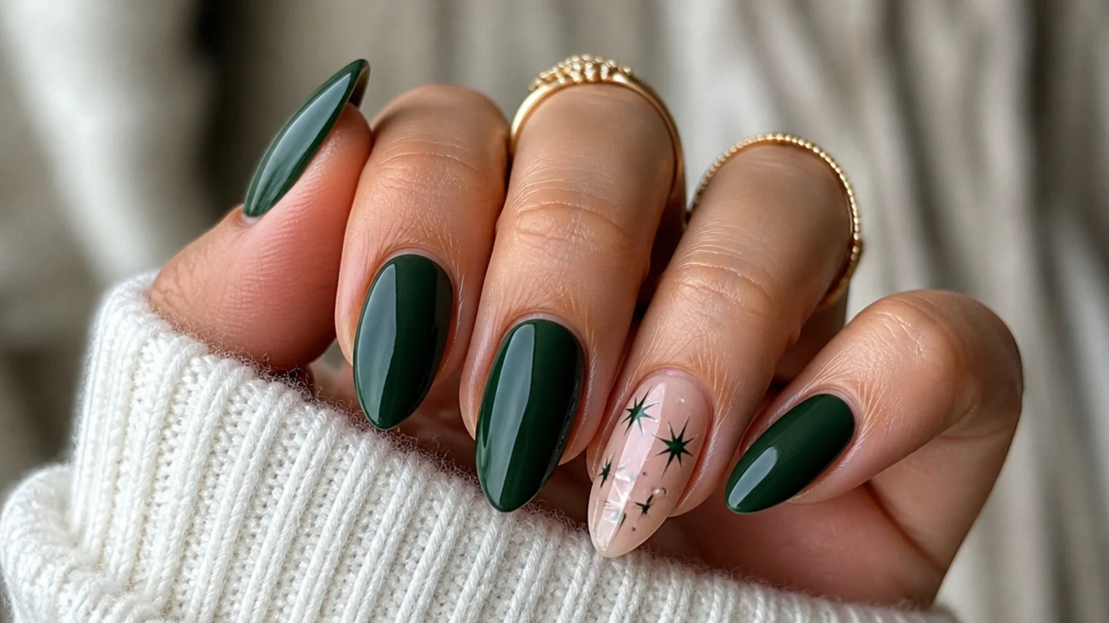 Deep forest green glossy December nails on medium almond shape