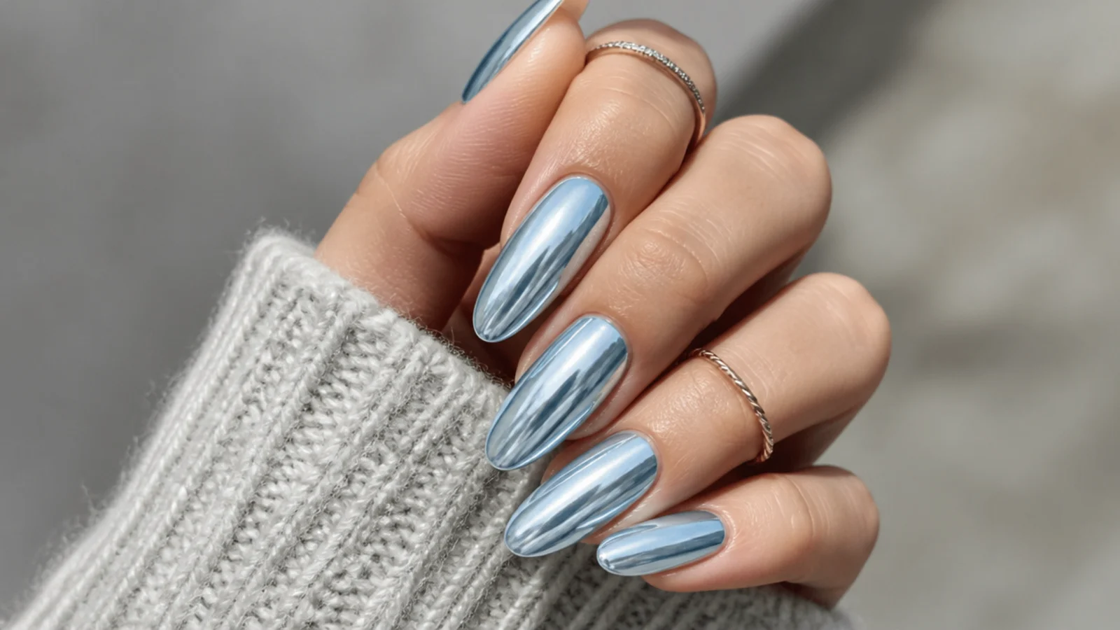 Icy pale blue chrome mirror December nails reflecting light