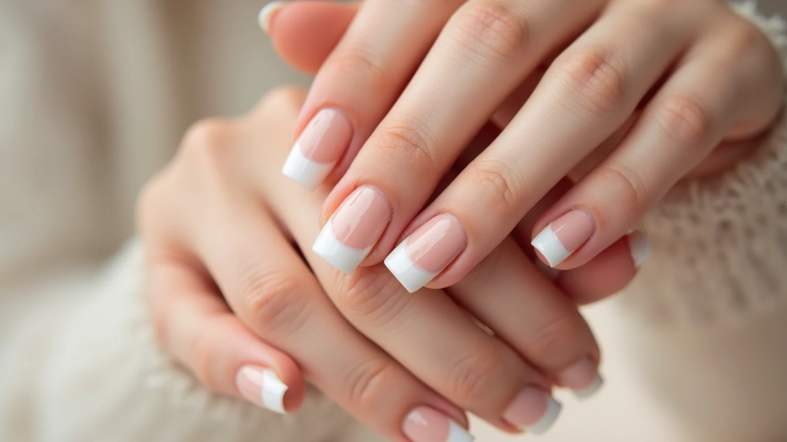 Sheer nude December nails with icy shimmer white French tips