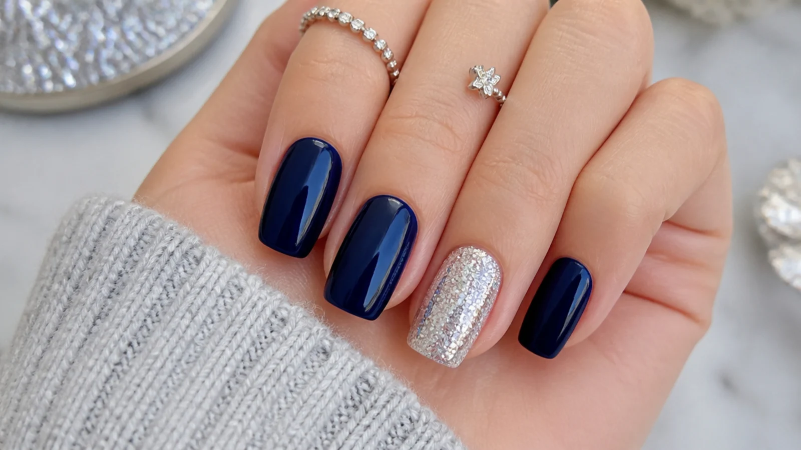 Deep navy December nails with a silver glitter accent nail