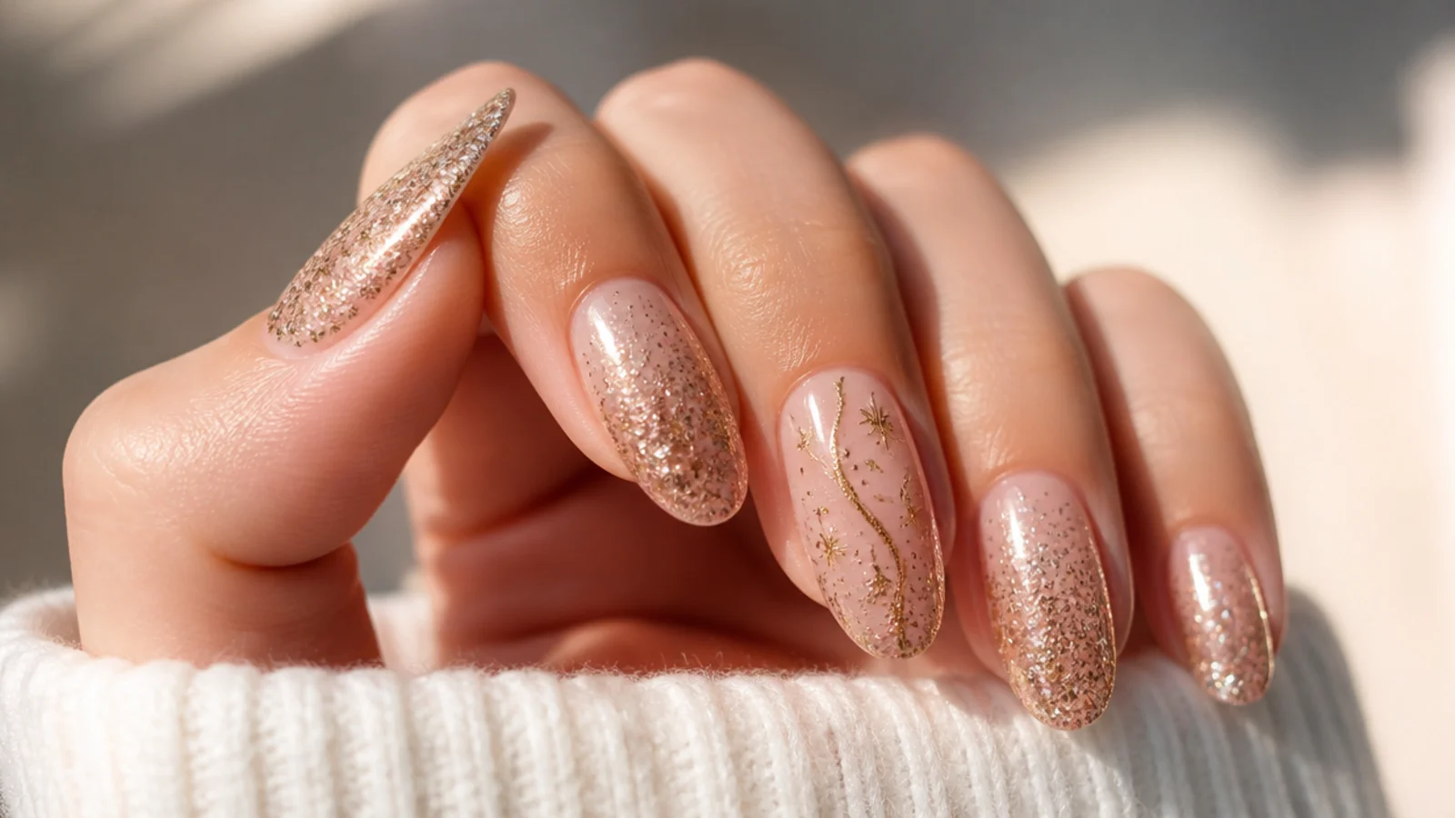 Warm champagne gold glitter December nails catching the light