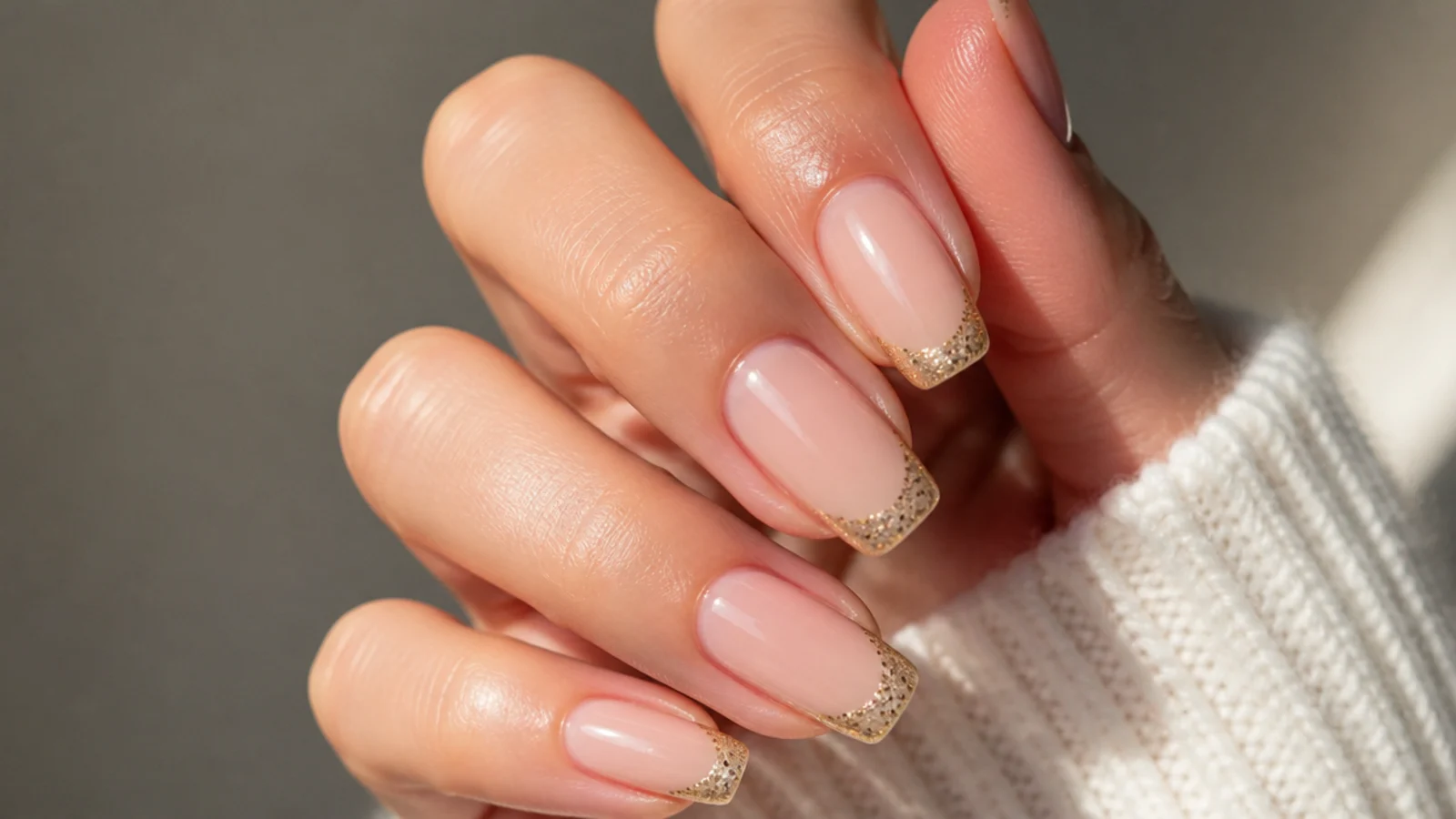Nude December nails with sparkling gold glitter French tips for New Year