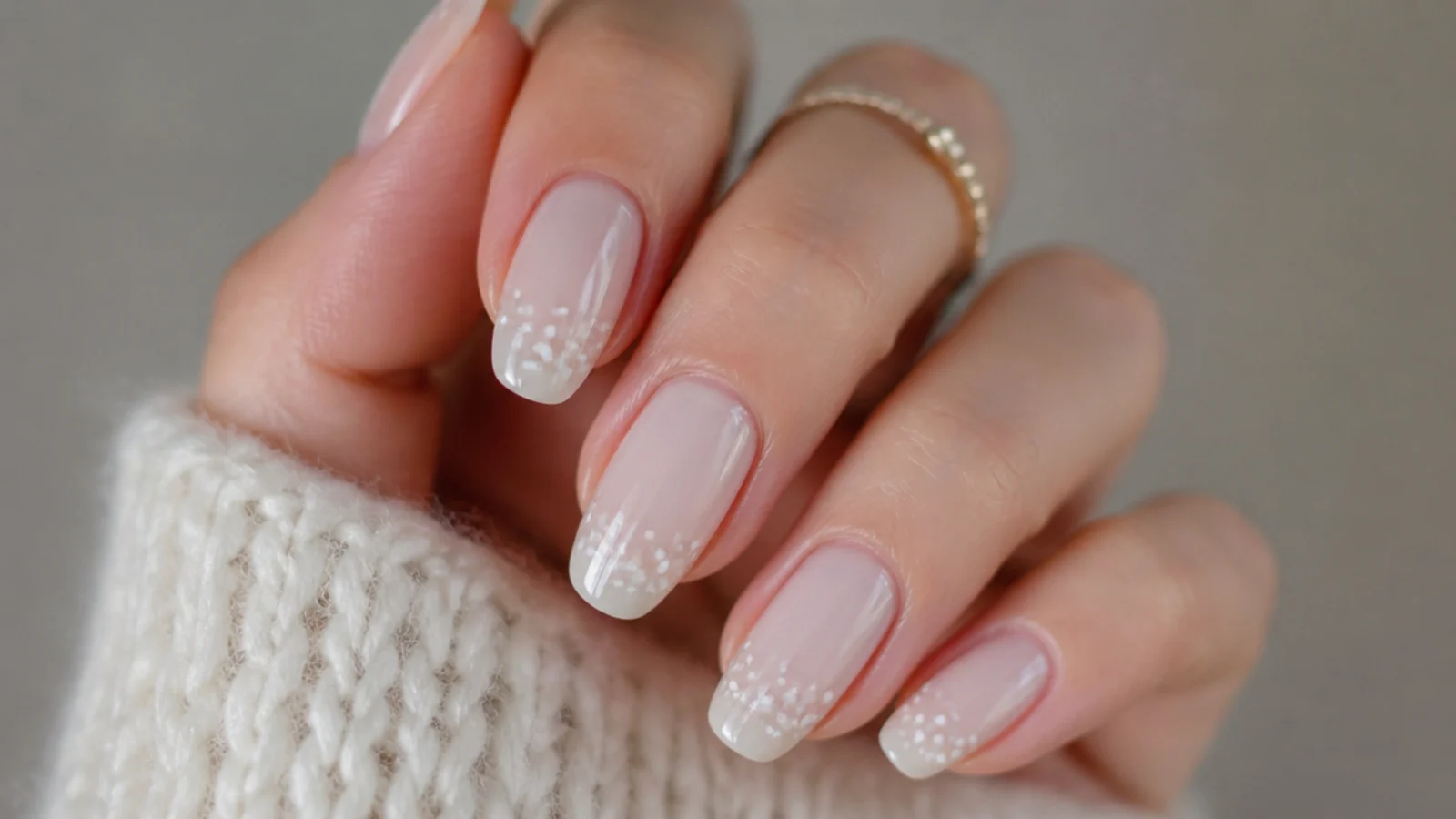 Sheer milky December nails with tiny white snow dots scattered on tips