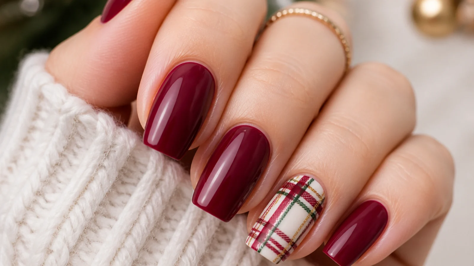 Cranberry December nails with a hand-painted red and green plaid accent nail