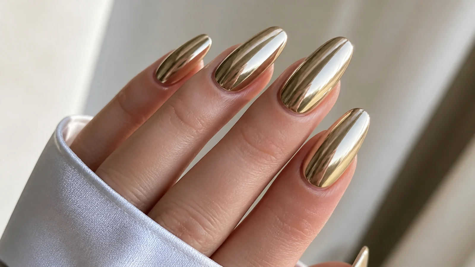 Warm champagne gold chrome mirror December nails for New Year