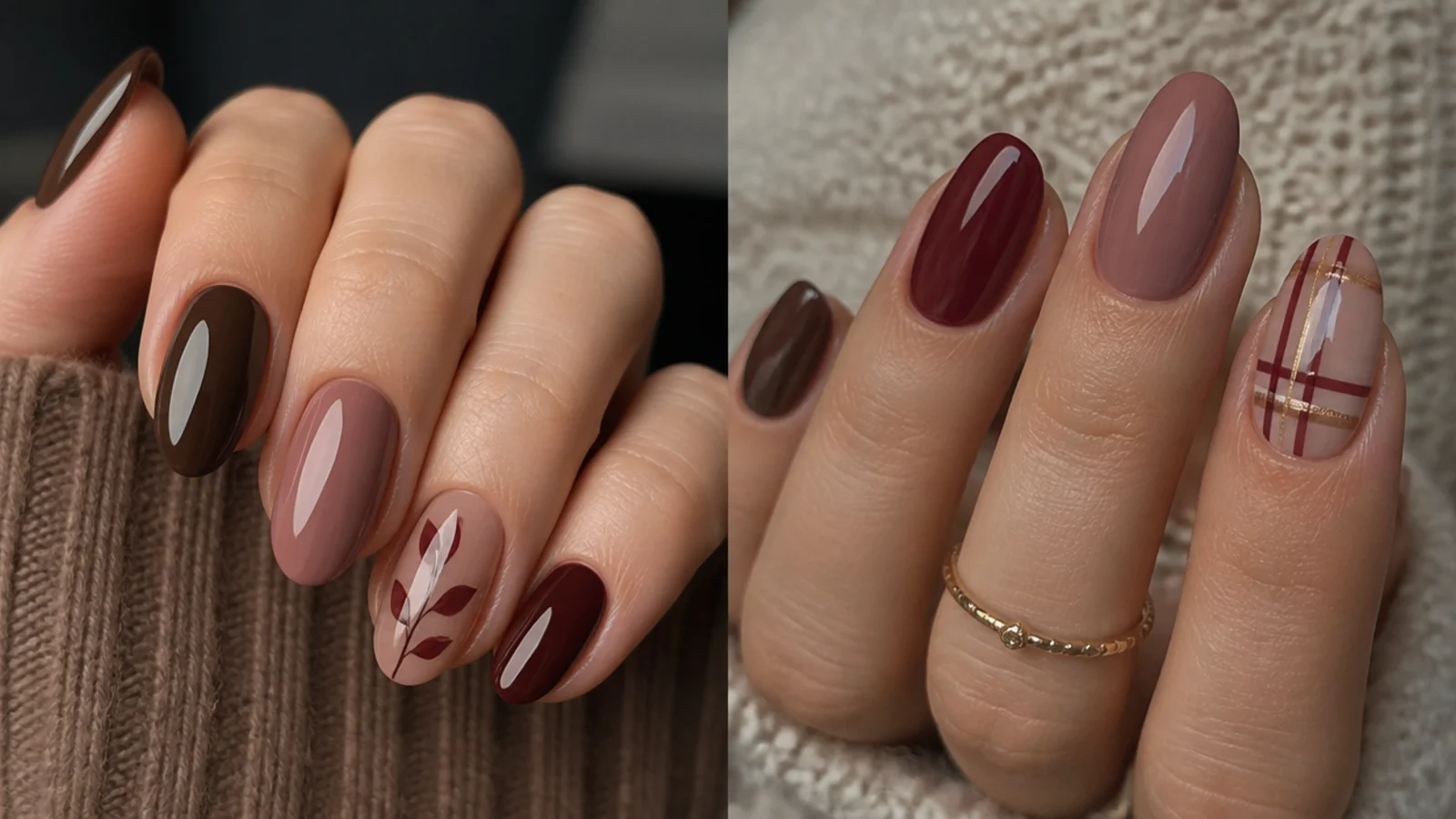 Warm cozy December nail shades in chocolate, mauve and cranberry side by side