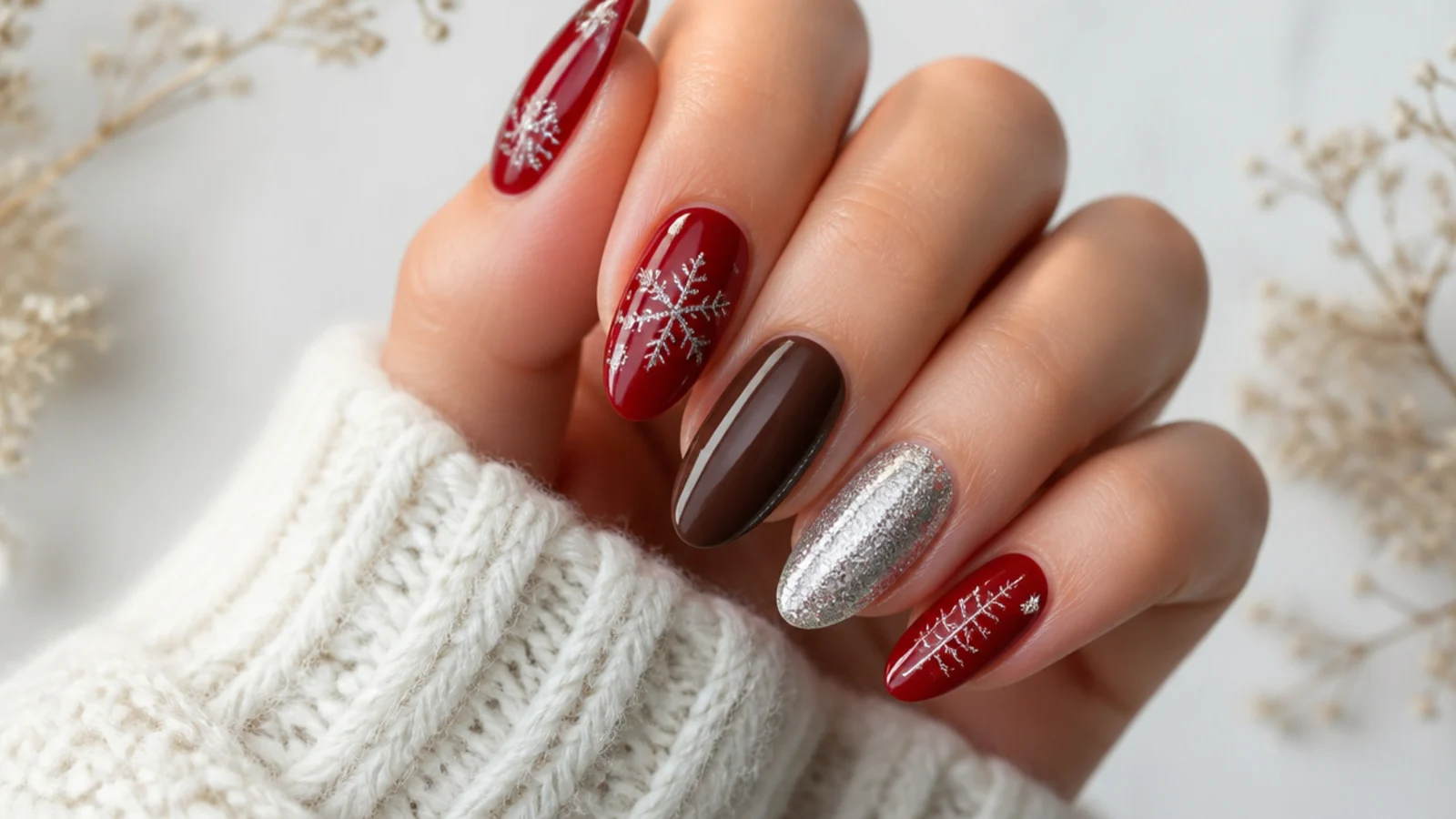 December nails in festive red, cozy brown and icy silver on almond shapes