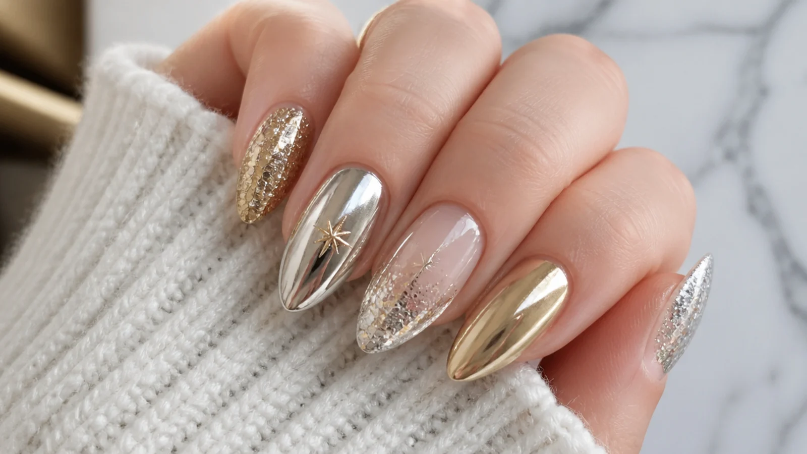 Gold, champagne and silver glitter and chrome December nails for New Year