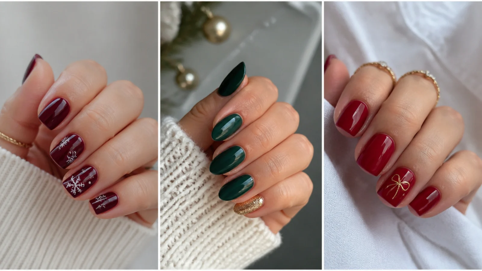 Short square and almond December nails in solid festive colors