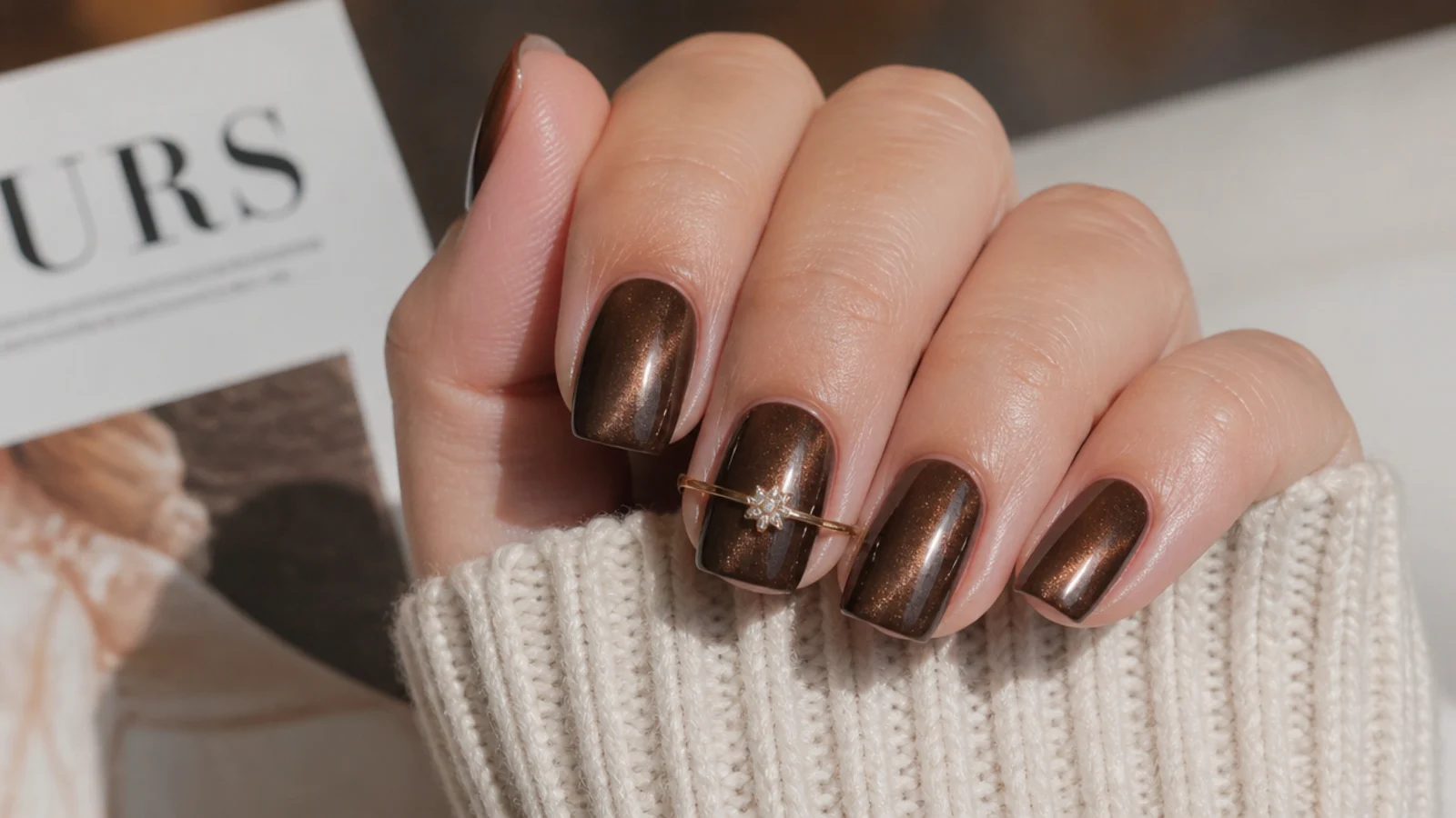 Rich chocolate brown magnetic velvet December nails on short square tips