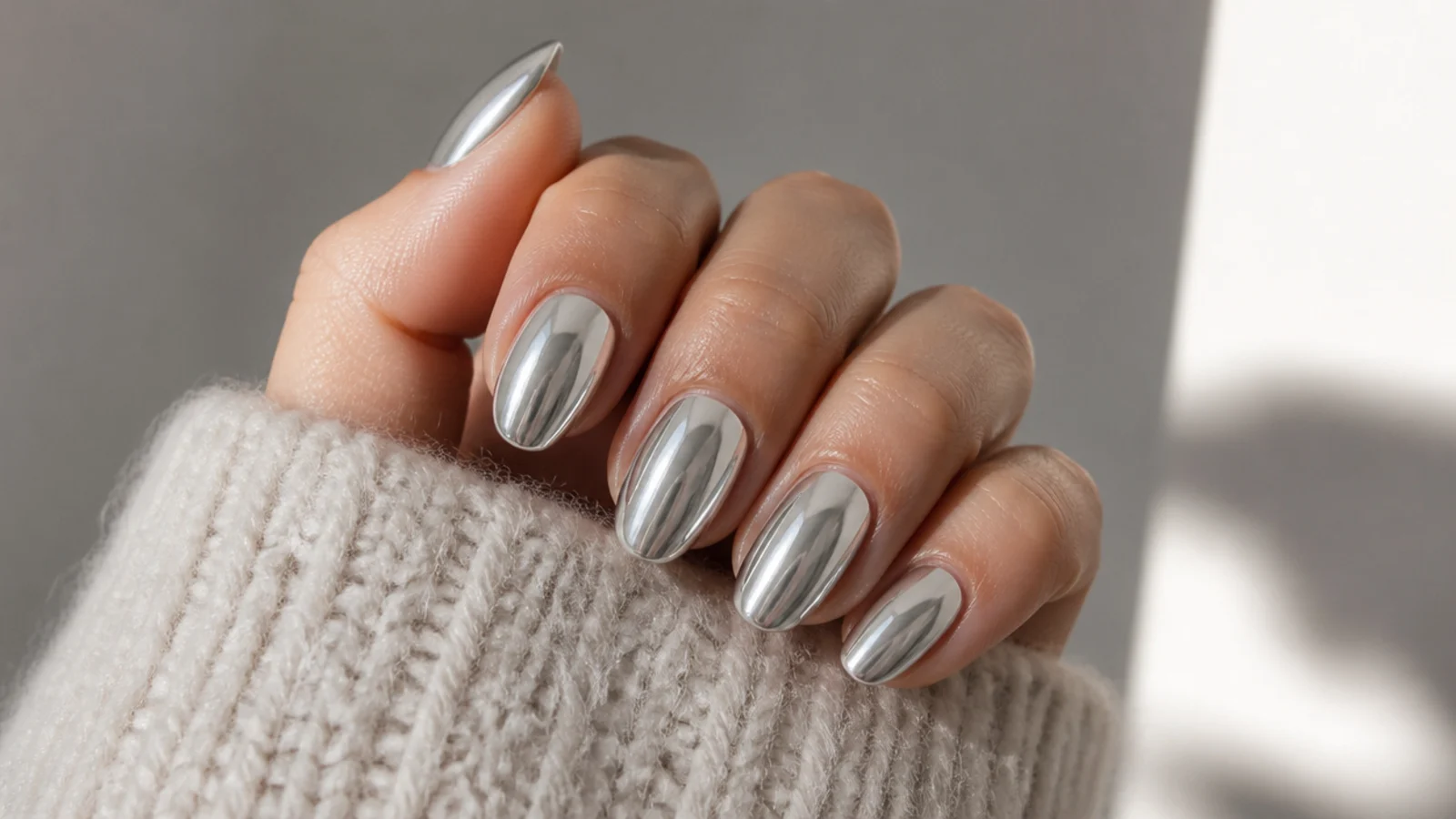 Full silver mirror chrome December nails on short almond tips