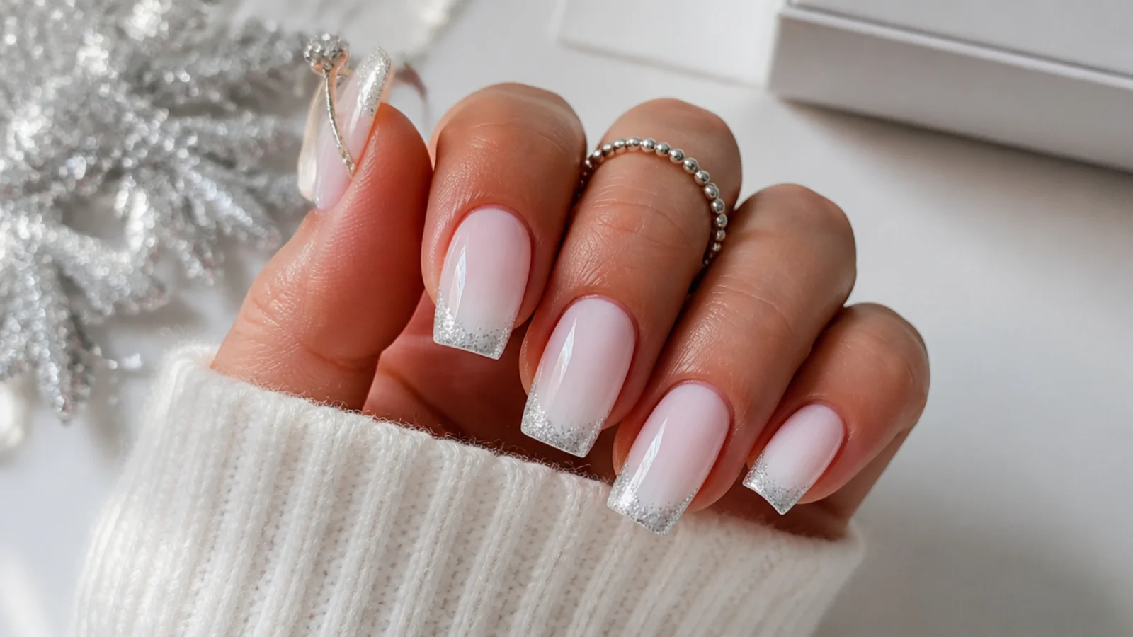 Milky white December nails with silver glitter tips on square shape