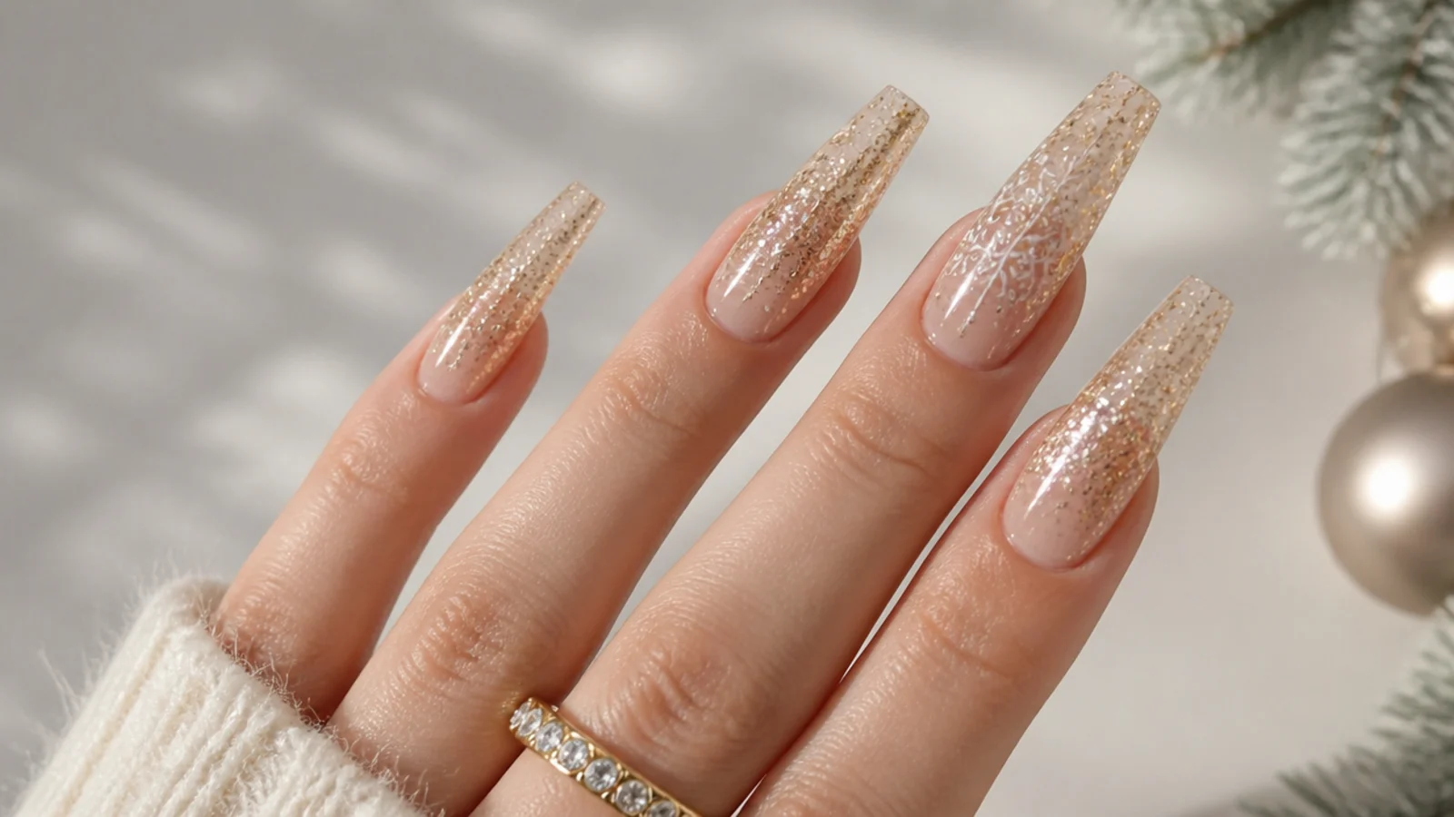 Champagne gold glitter December nails on long coffin tips
