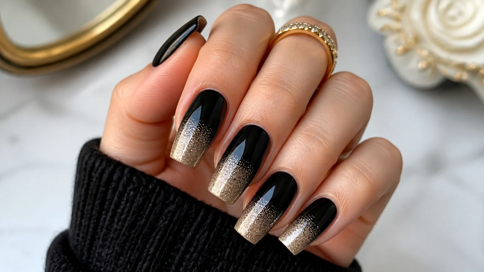Black to gold glitter ombre December nails on square tips
