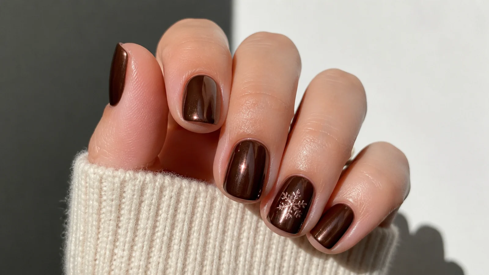Short chocolate brown chrome December nails on squoval tips