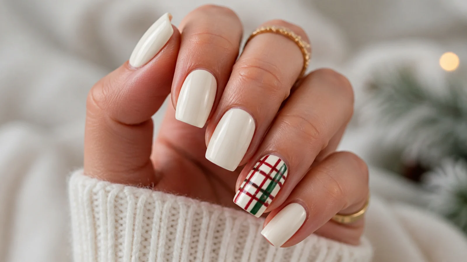 Cream December nails with red and green plaid accent nail on square tips