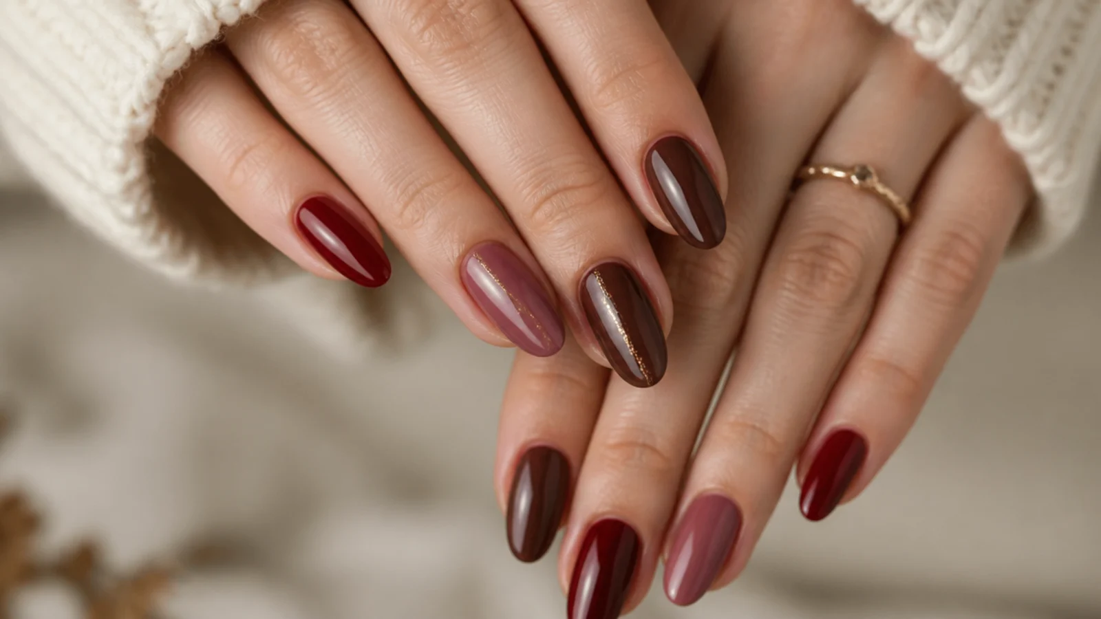 Chocolate brown, mauve and cranberry cozy December nail swatches on hands