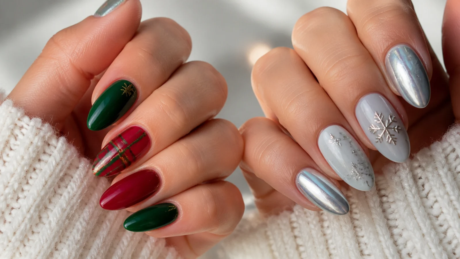Christmas red-green nails beside cozy neutral and icy chrome December nails