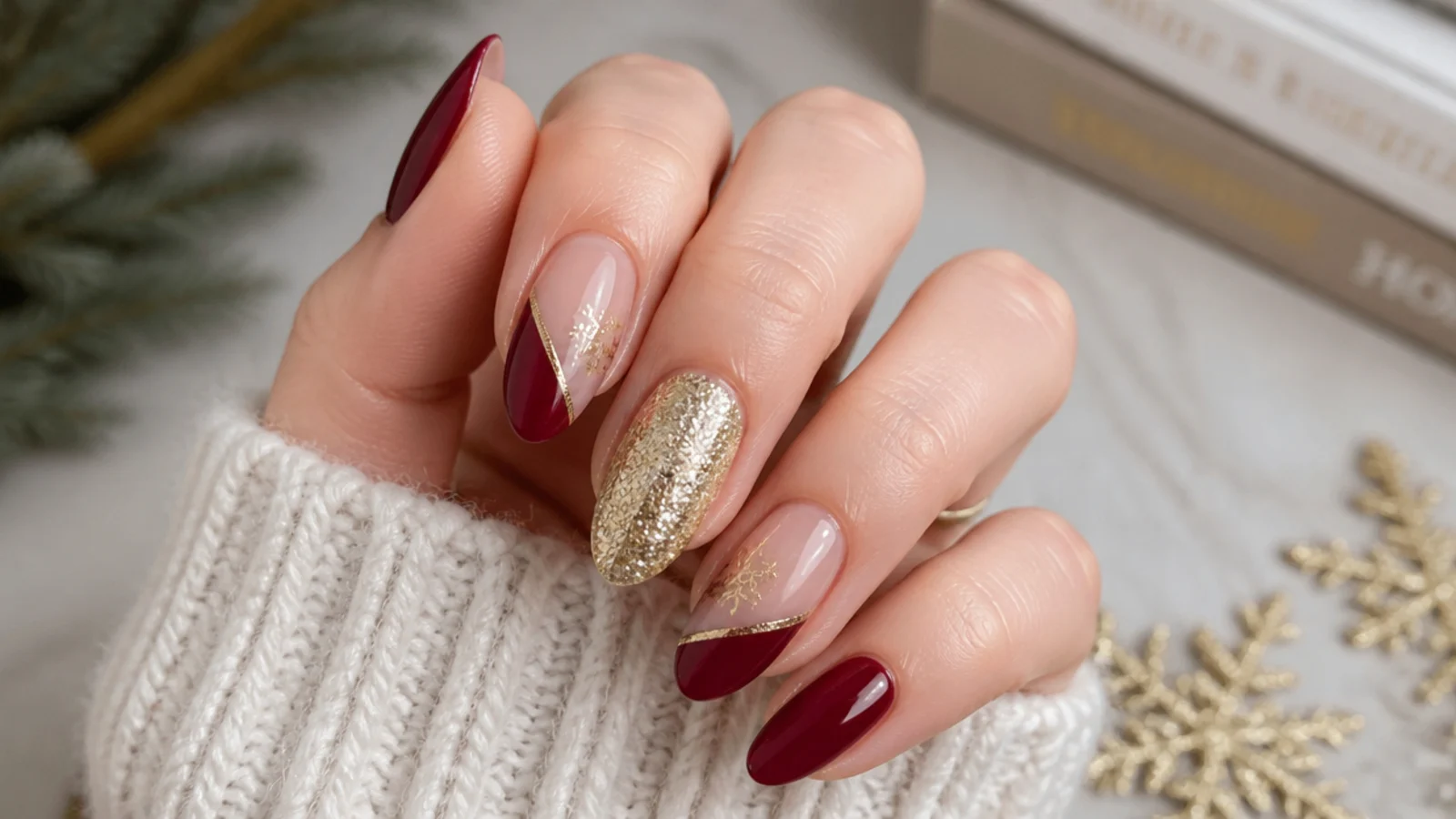 Festive December nails with deep red, cranberry and gold glitter accents on almond tips