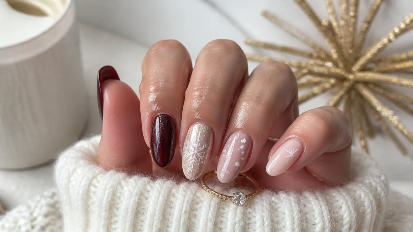 A sealed festive December gel manicure with cuticle oil for longevity