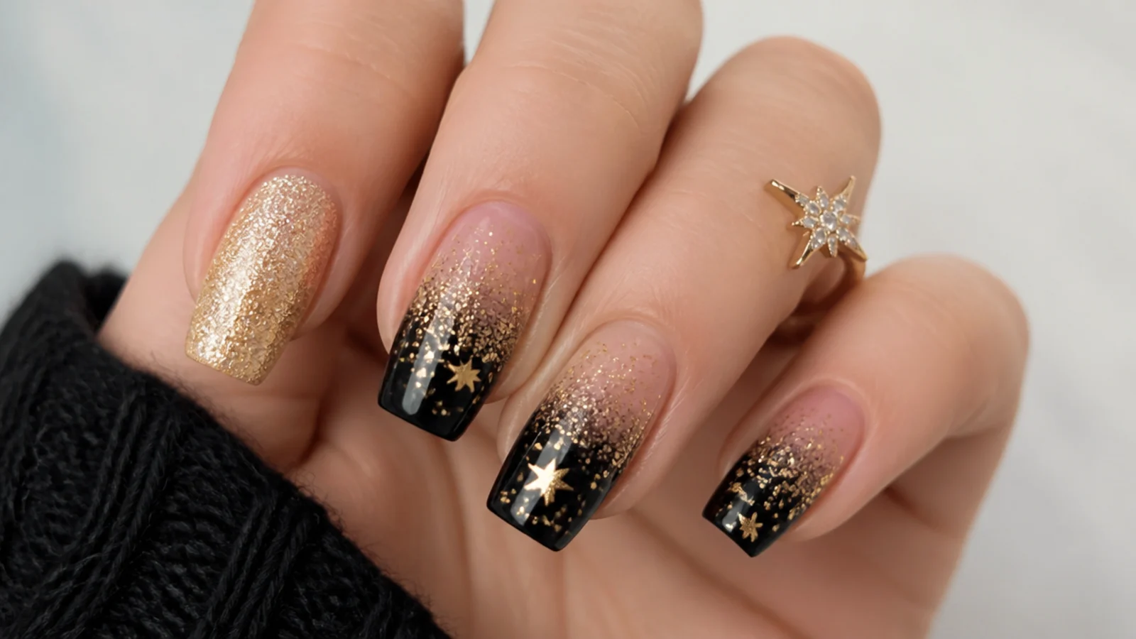 Gold champagne glitter and black-gold ombre New Year December nails