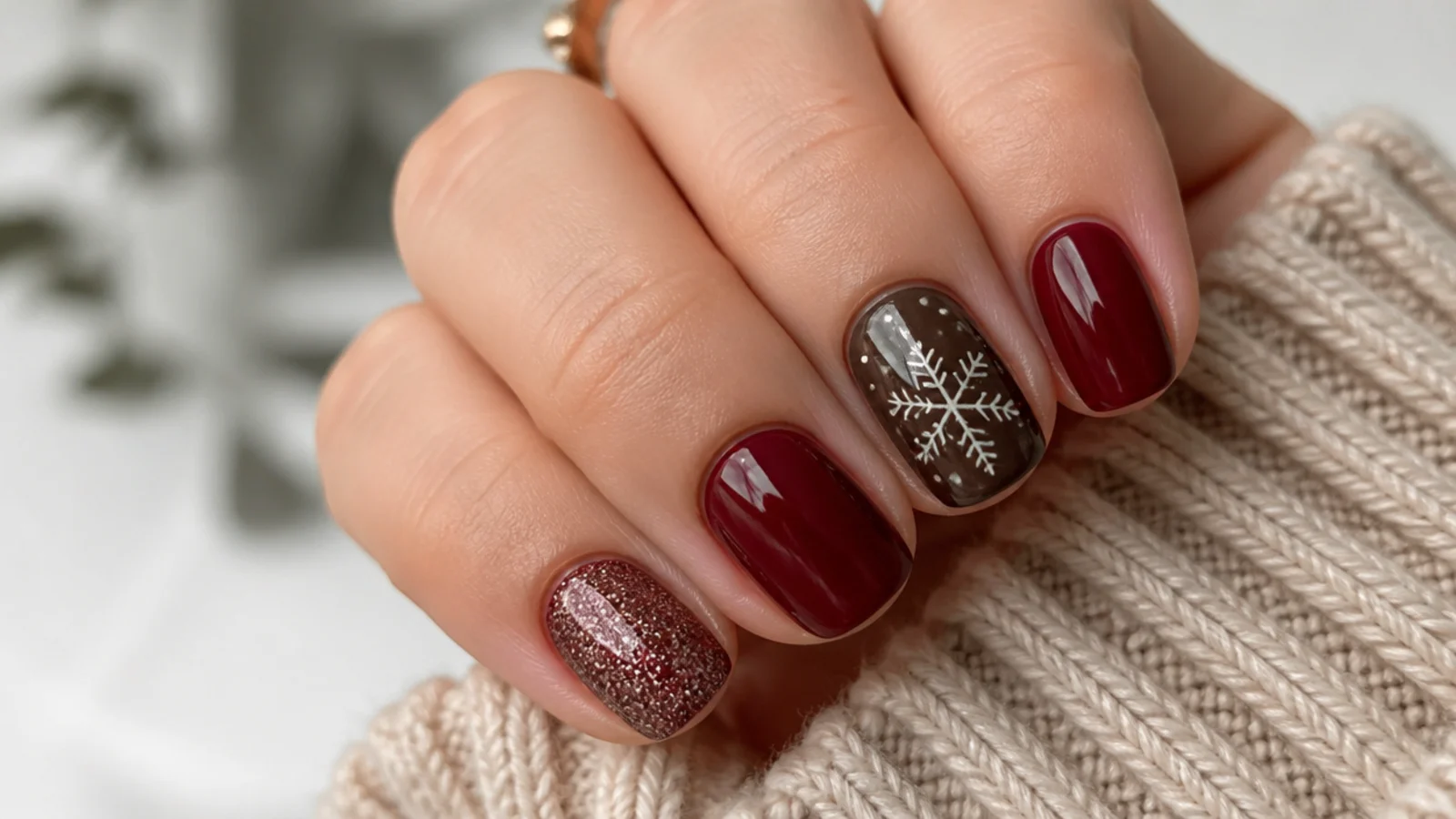 Short festive December nails in cranberry and chocolate on round tips