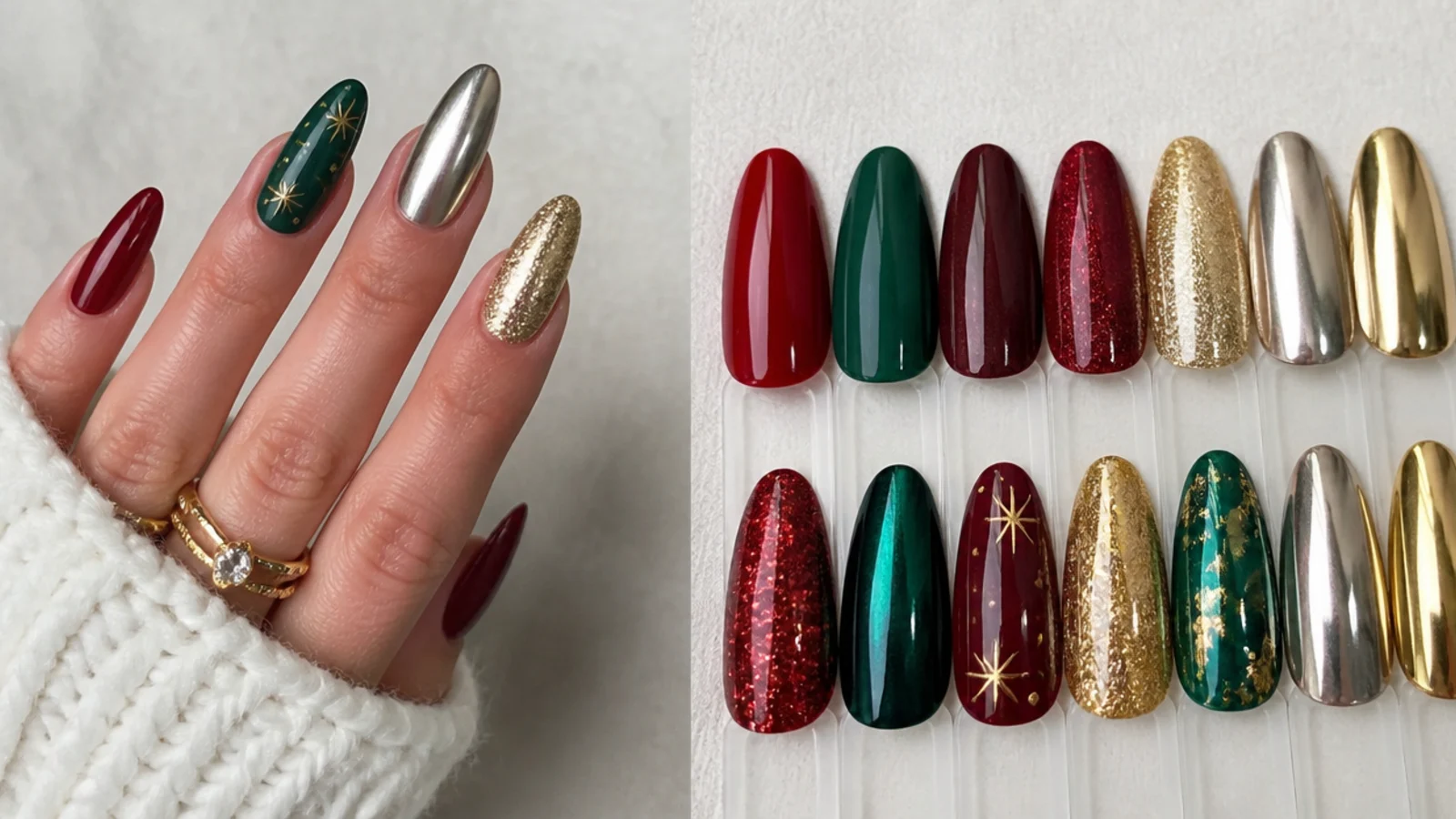 Swatches of red, green, cranberry, chrome and gold December nail colors laid out