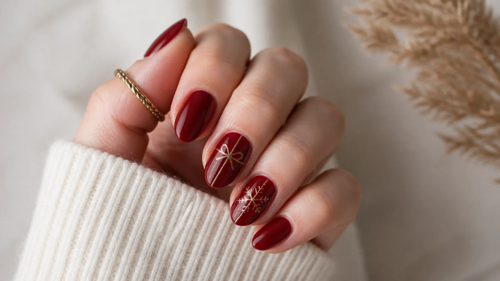 Glossy cherry red December nails on a short almond shape