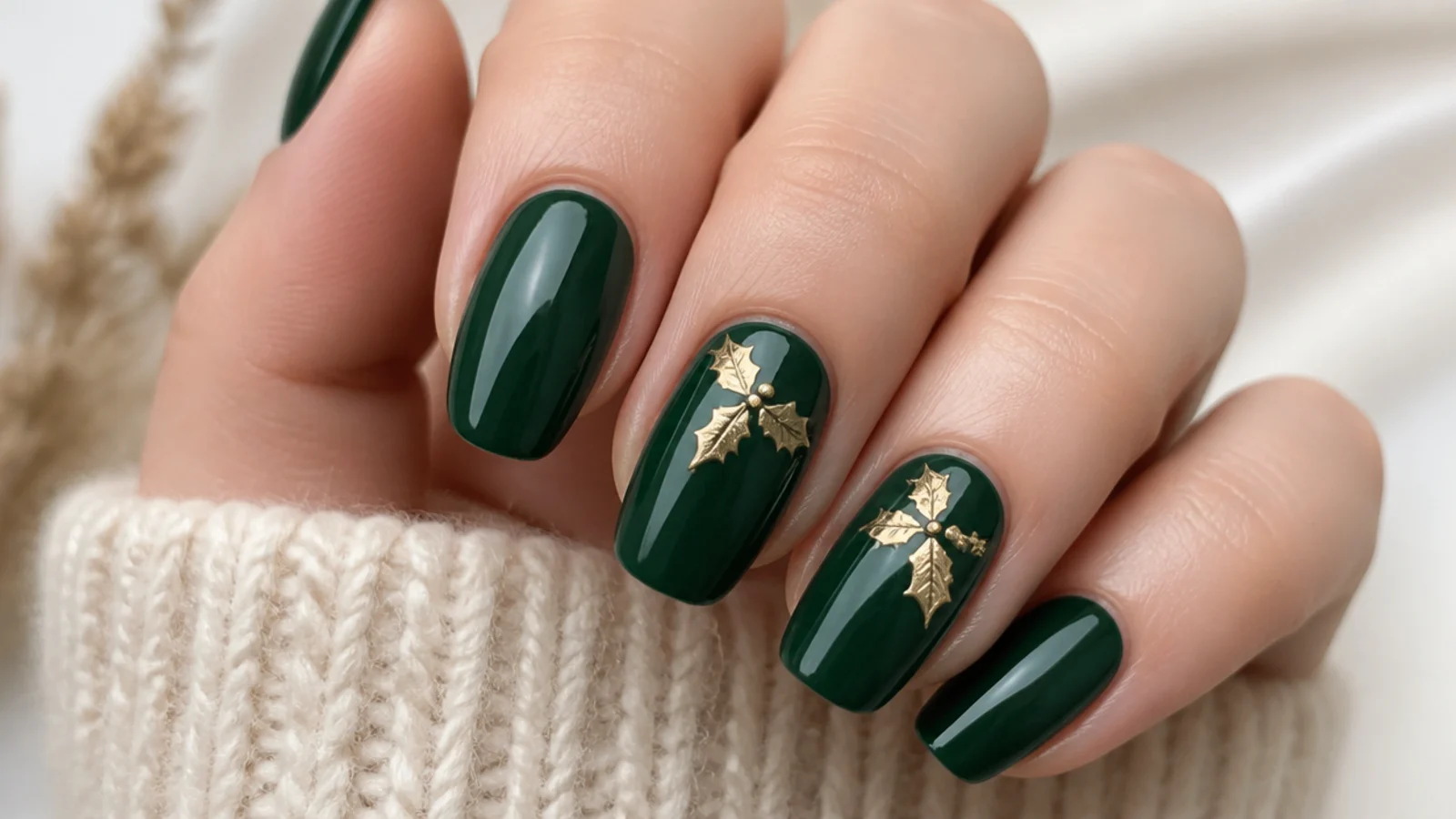 Emerald green December nails with tiny gold holly accents
