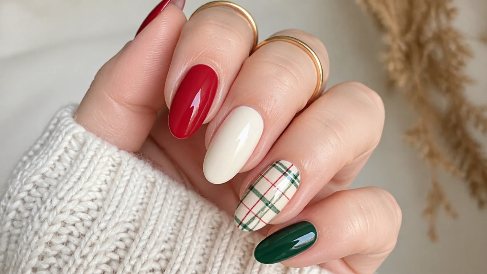 Red and green plaid December nail accent on a cream base