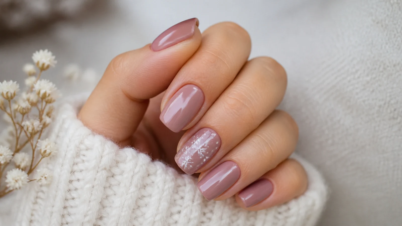 Soft dusty mauve milk-bath December nails with a sheer finish