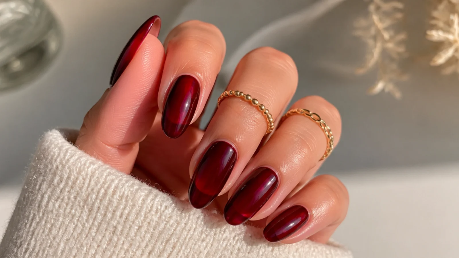 Translucent cranberry jelly December nails with a glossy finish